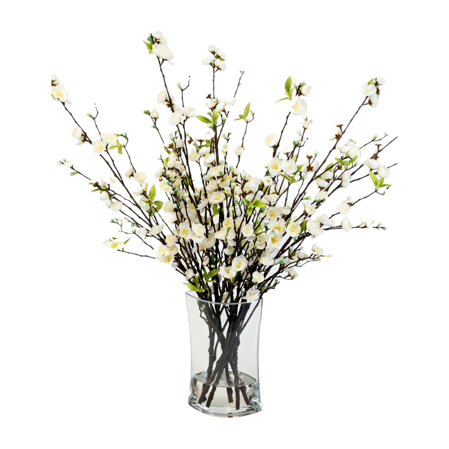 Bouquet of high-quality, natural-looking springtime blossoms in a heavy glass vase with an acrylic water look, bursting with color and realistic detail.