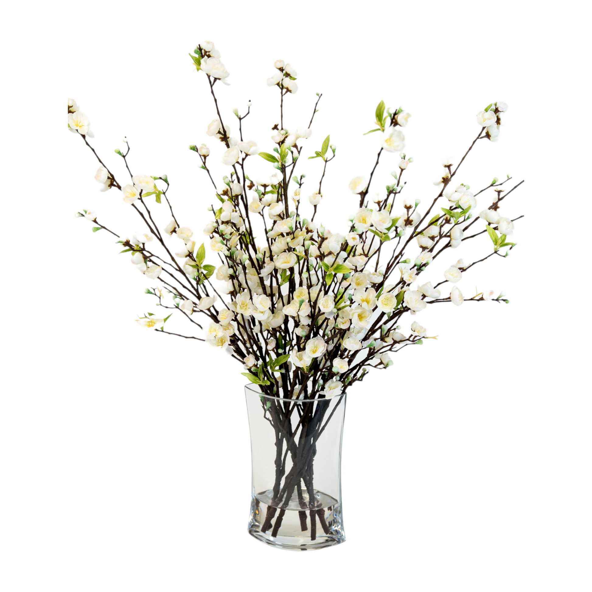 Bouquet of high-quality, natural-looking springtime blossoms in a heavy glass vase with an acrylic water look, bursting with color and realistic detail.