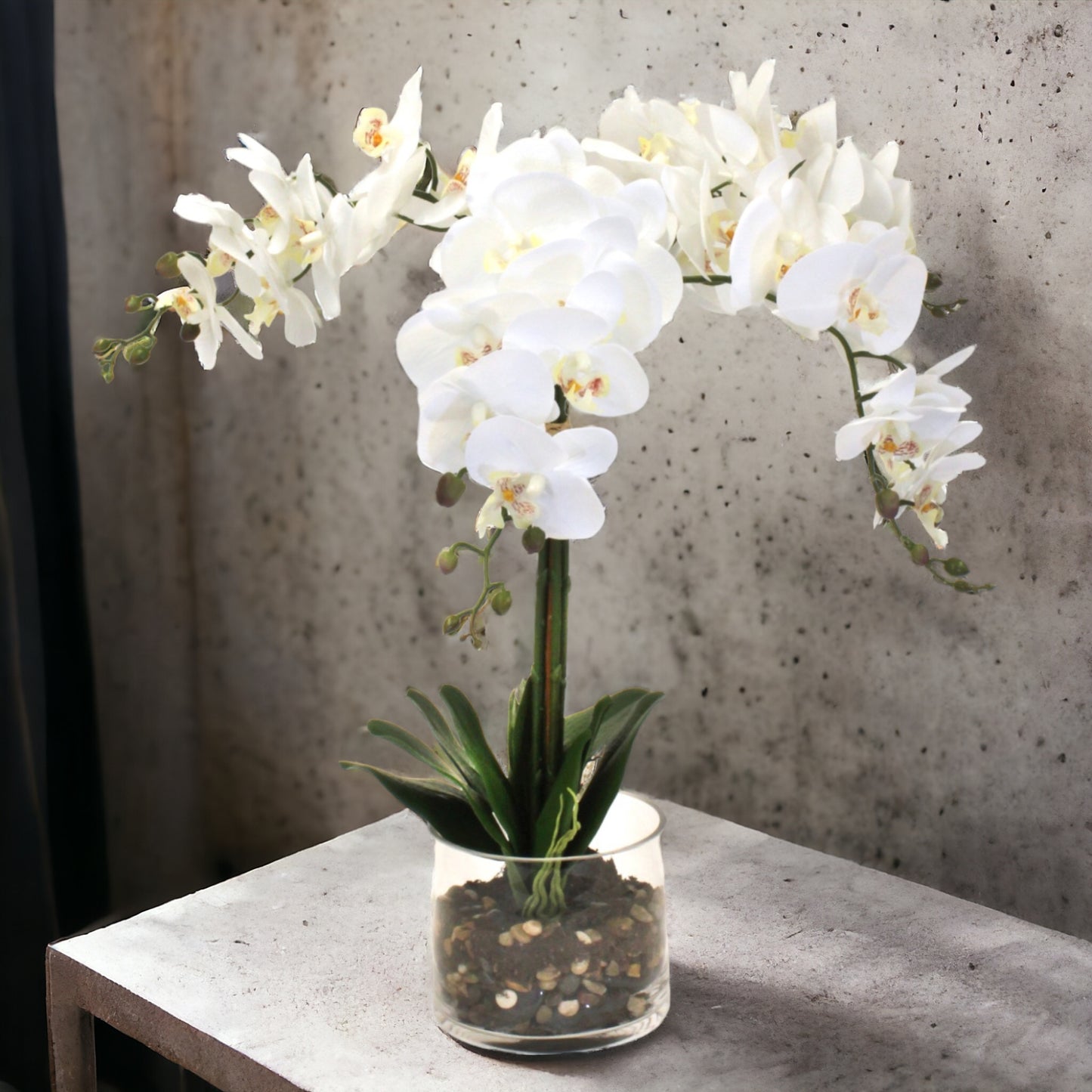 Real-touch delicate cascading orchids in a cylinder glass vase, with rocks and a water-like appearance. Recommended for indoor use.
