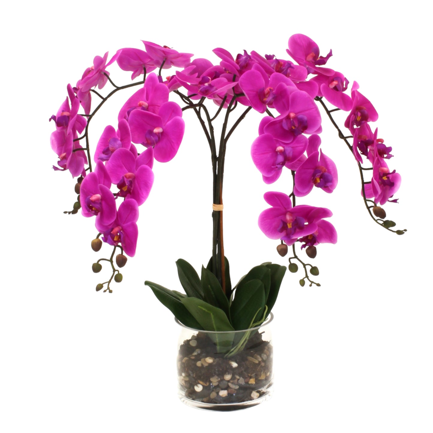 Real-touch delicate cascading orchids in a cylinder glass vase, with rocks and a water-like appearance. Recommended for indoor use.