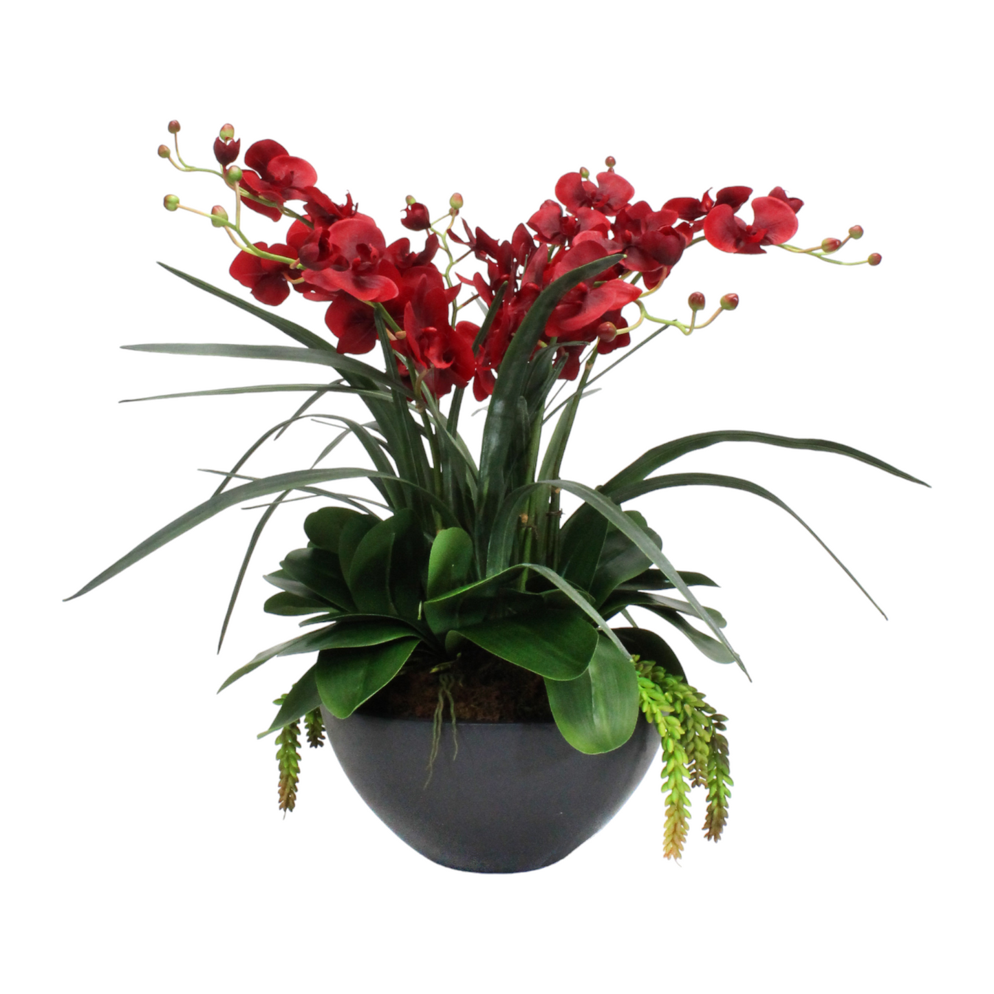 Real-touch delicate red orchids arranged in a heavy, dark ceramic bowl. The large-scale arrangement is designed to impress."