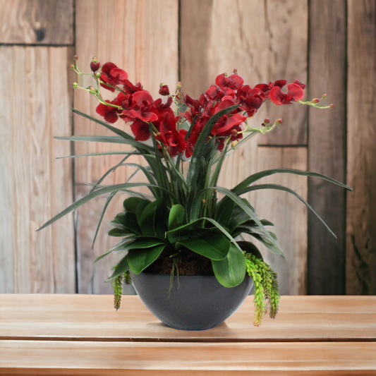 Real-touch delicate red orchids arranged in a heavy, dark ceramic bowl. The large-scale arrangement is designed to impress."