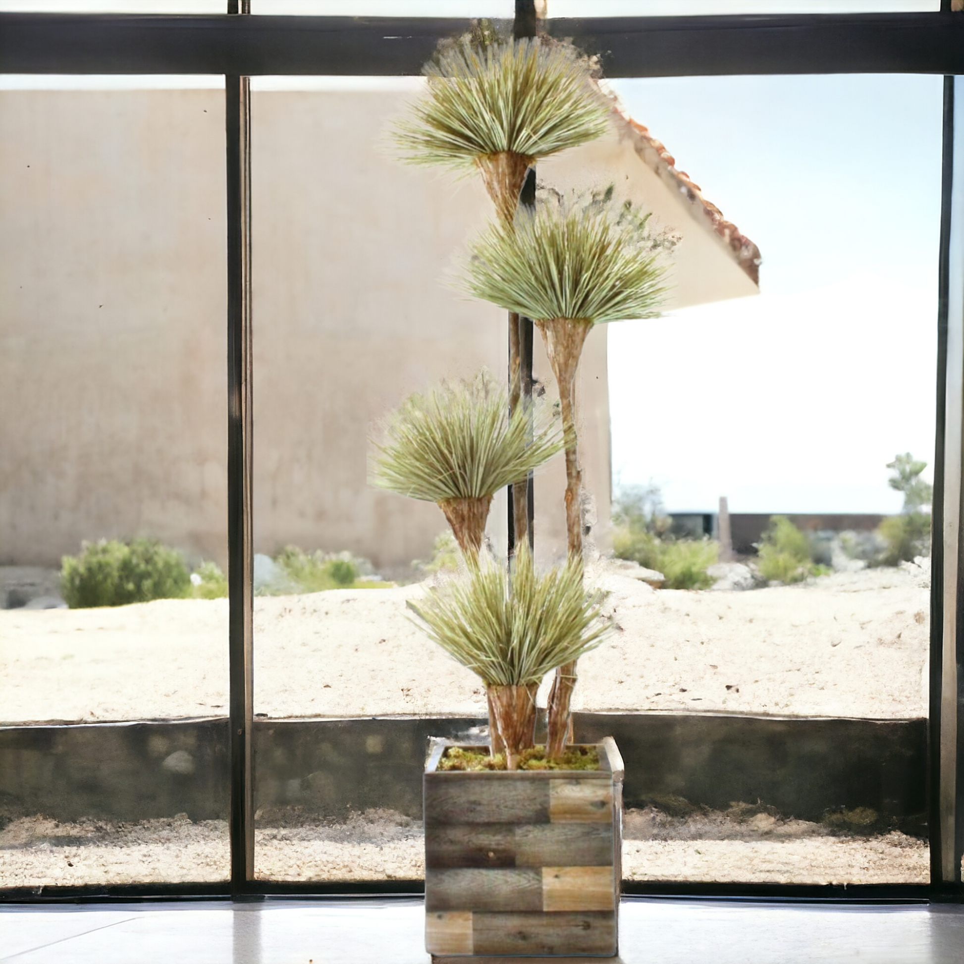 Exclusive desert southwest-inspired 4-bloom tree made from dried and preserved natural materials, in a custom-built wood container. A unique and sustainable showpiece for home, office, or commercial spaces. Wood container included.
