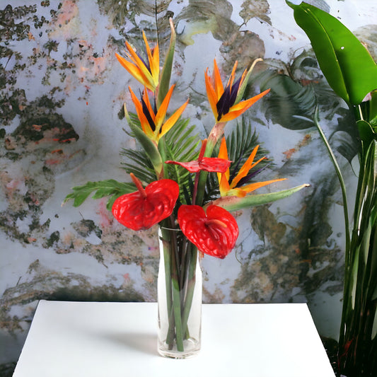 Mixed Tropical Arrangement in Glass Vase