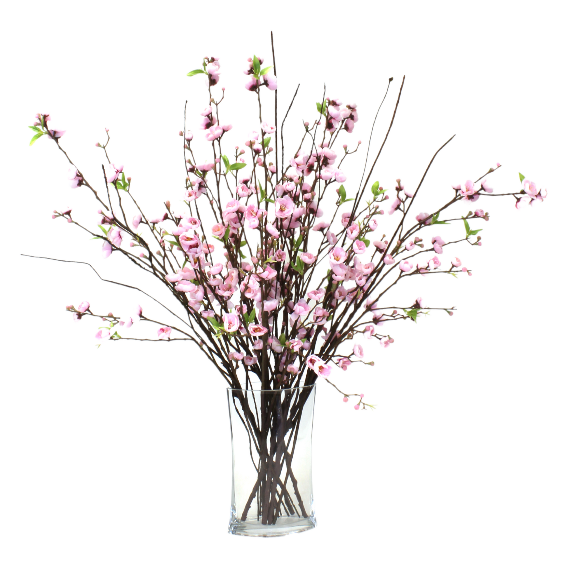 Bouquet of high-quality, natural-looking springtime blossoms in a heavy glass vase with an acrylic water look, bursting with color and realistic detail.