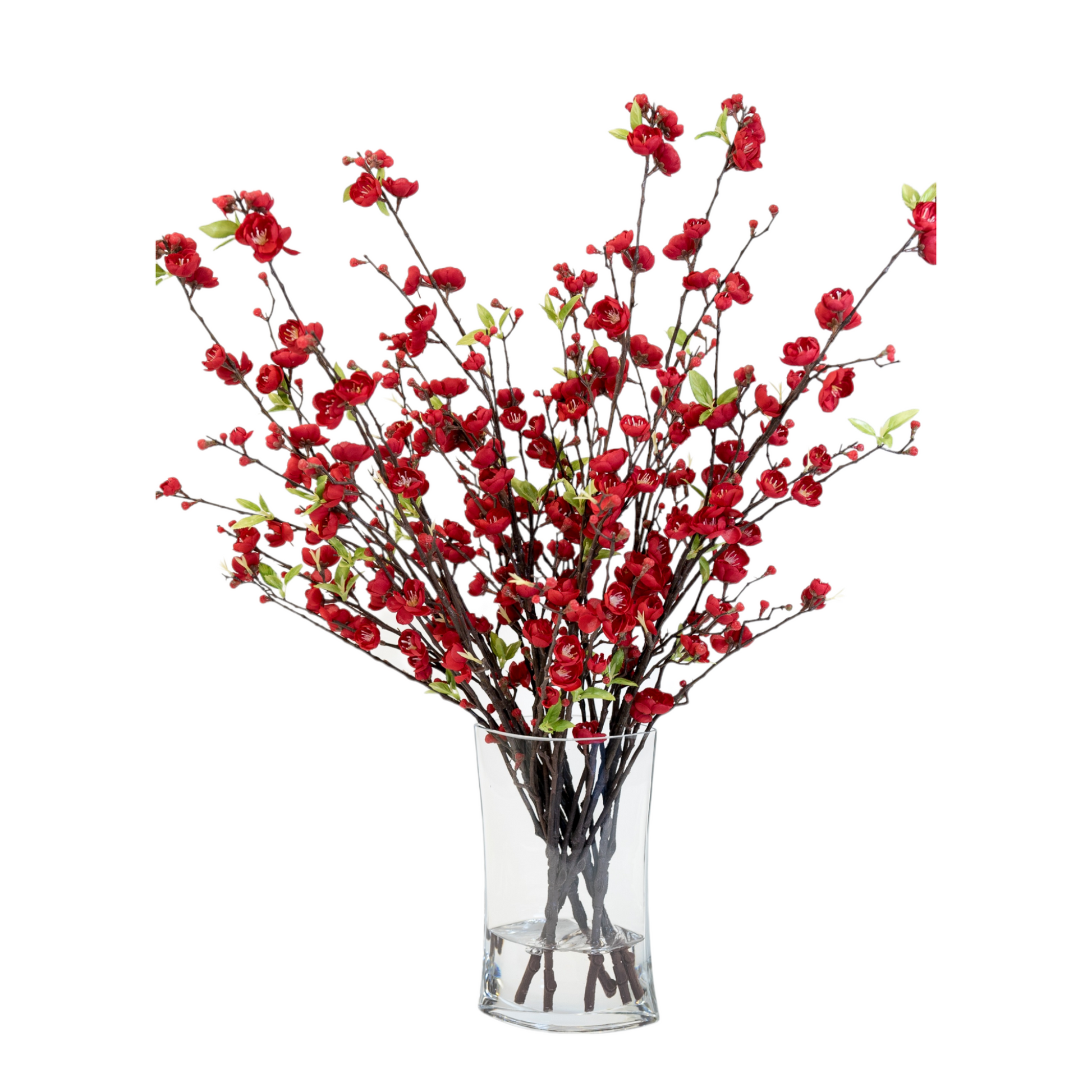 Bouquet of high-quality, natural-looking springtime blossoms in a heavy glass vase with an acrylic water look, bursting with color and realistic detail.