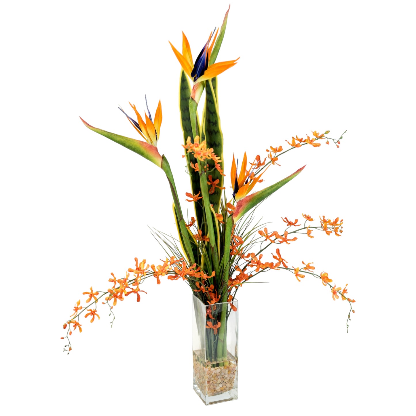 Tropical blend of Sansevieria and Bird of Paradise in glass with acrylic water look.