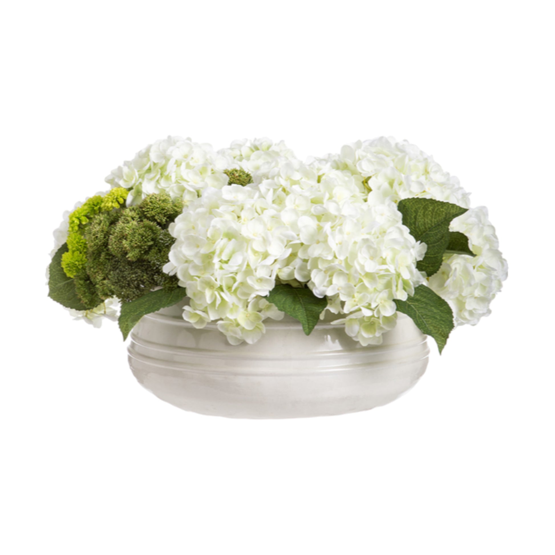 White hydrangea arrangement in a ceramic container.