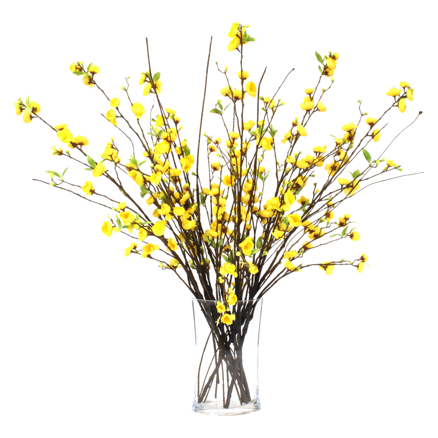 Bouquet of high-quality, natural-looking springtime blossoms in a heavy glass vase with an acrylic water look, bursting with color and realistic detail.