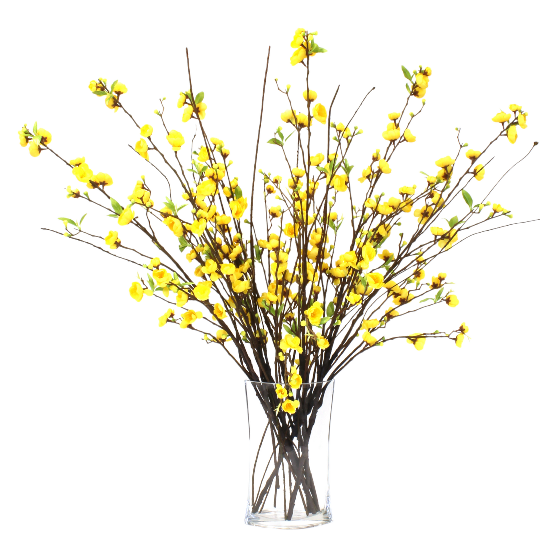 Bouquet of high-quality, natural-looking springtime blossoms in a heavy glass vase with an acrylic water look, bursting with color and realistic detail.