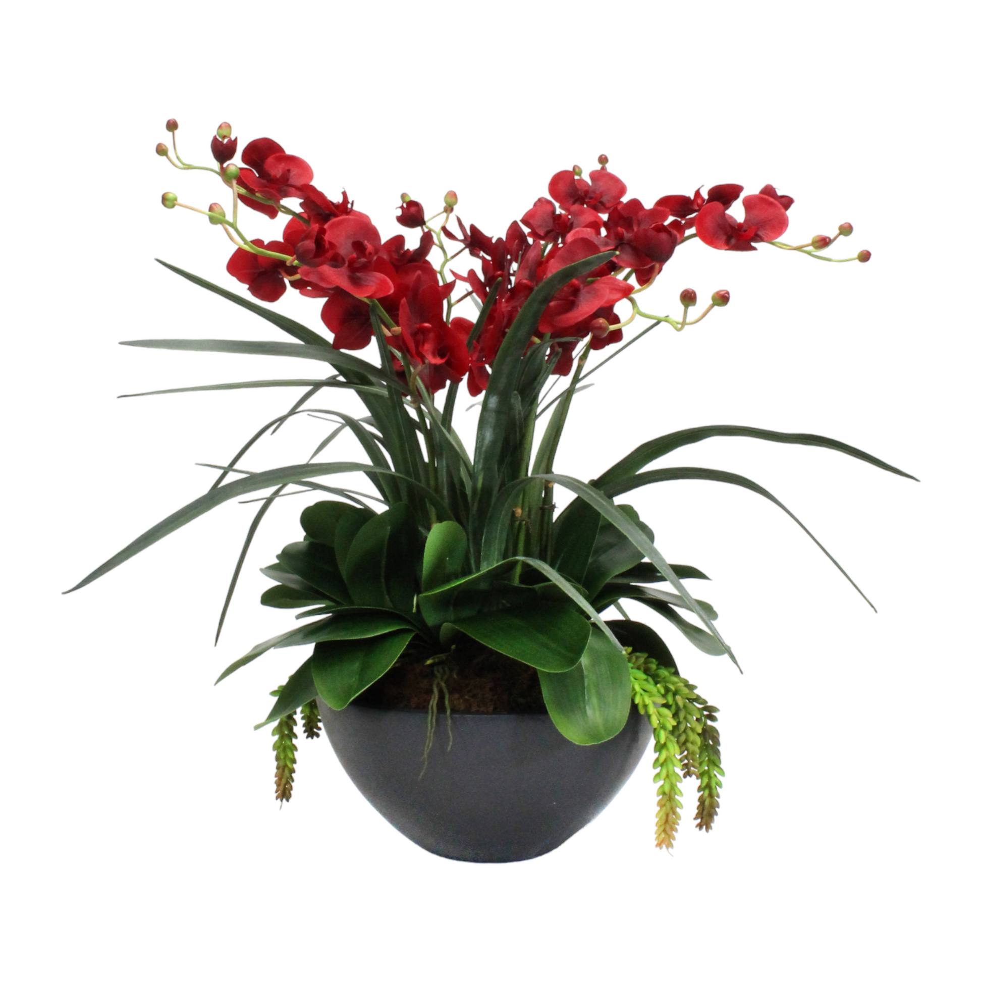 Real-touch delicate red orchids arranged in a heavy, dark ceramic bowl. The large-scale arrangement is designed to impress."
