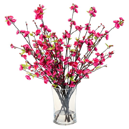 Bouquet of high-quality, natural-looking springtime blossoms in a heavy glass vase with an acrylic water look, bursting with color and realistic detail.