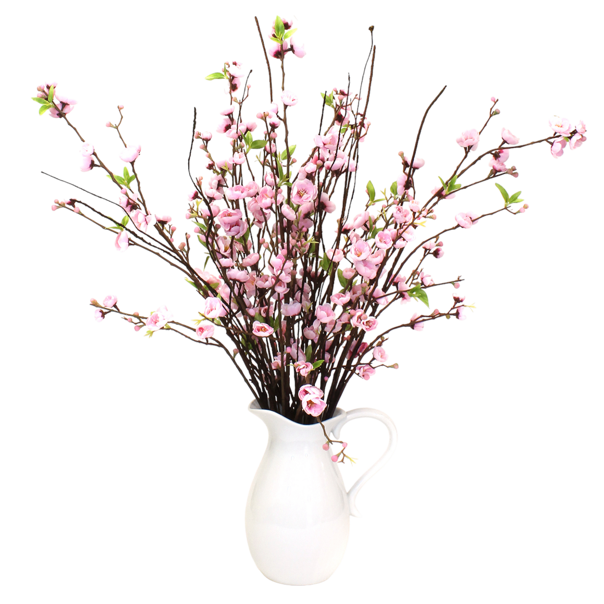 Delicate, natural looking Cherry Blossoms in pure white pitcher