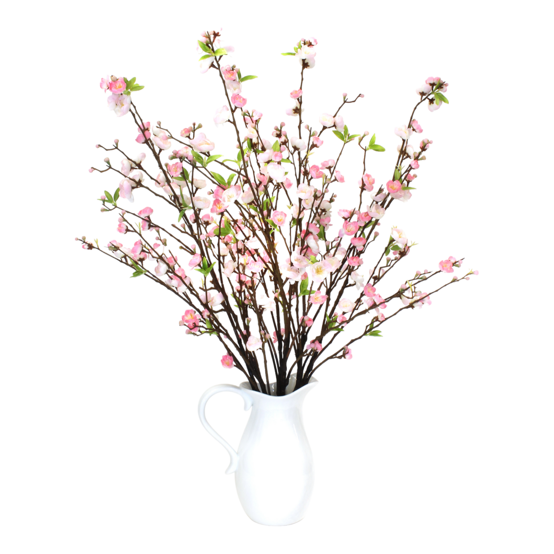 Delicate, natural looking Cherry Blossoms in pure white pitcher