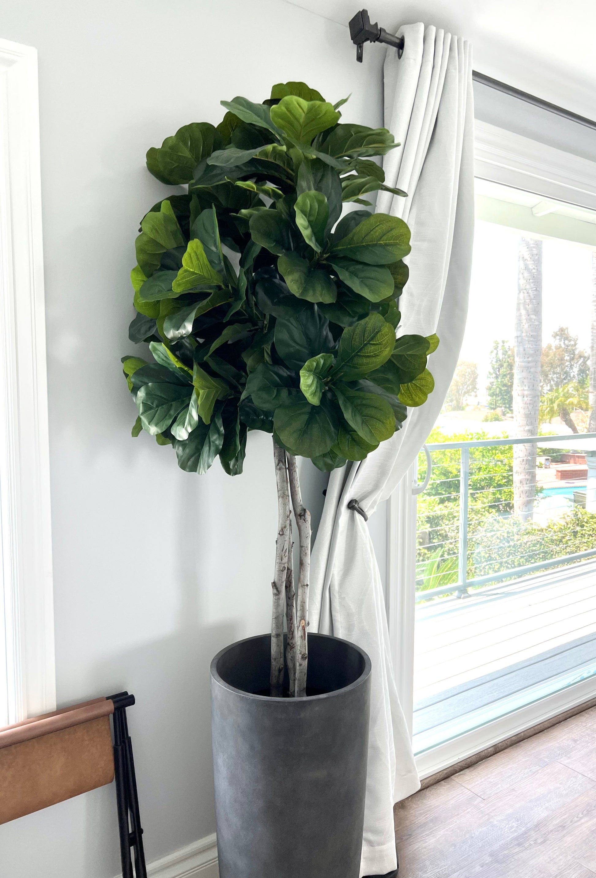 Authentic-looking fig fiddle leaf plant with glossy, deep green leaves and prominent veins, built on mountain lilac wood trunks in a paper mache base, ready for your own container.