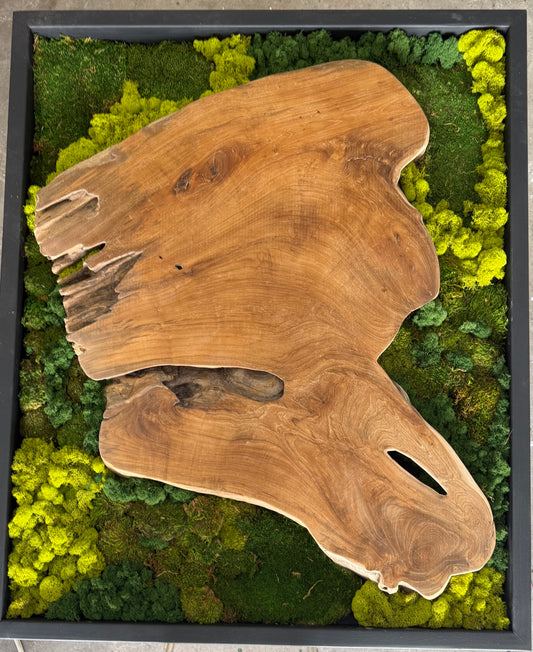 MOSS WALL WITH WOOD SCULPTURE