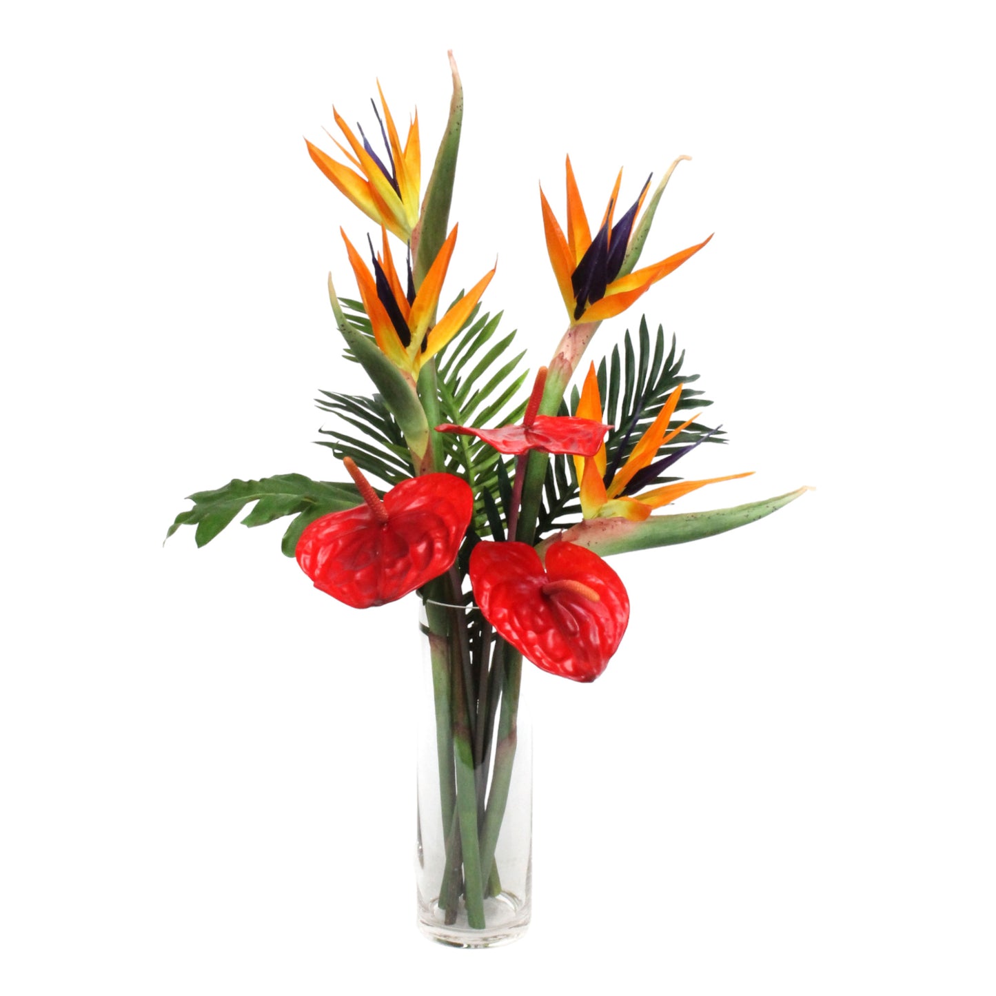 MIXED TROPICAL ARRANGEMENT IN GLASS VASE 